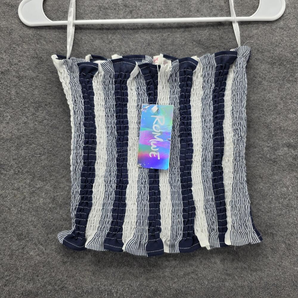 ROMWE Tank Top Womens Large Blue White Striped Smocked Off Shoulder Tube Crop